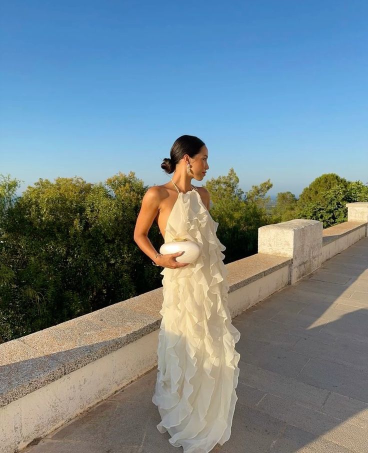Vestido formal blanco elegante con tirantes y volantes, largo de gasa, para fiesta de graduación, noche, para invitada de boda / Tiendas con vestidos de fiesta